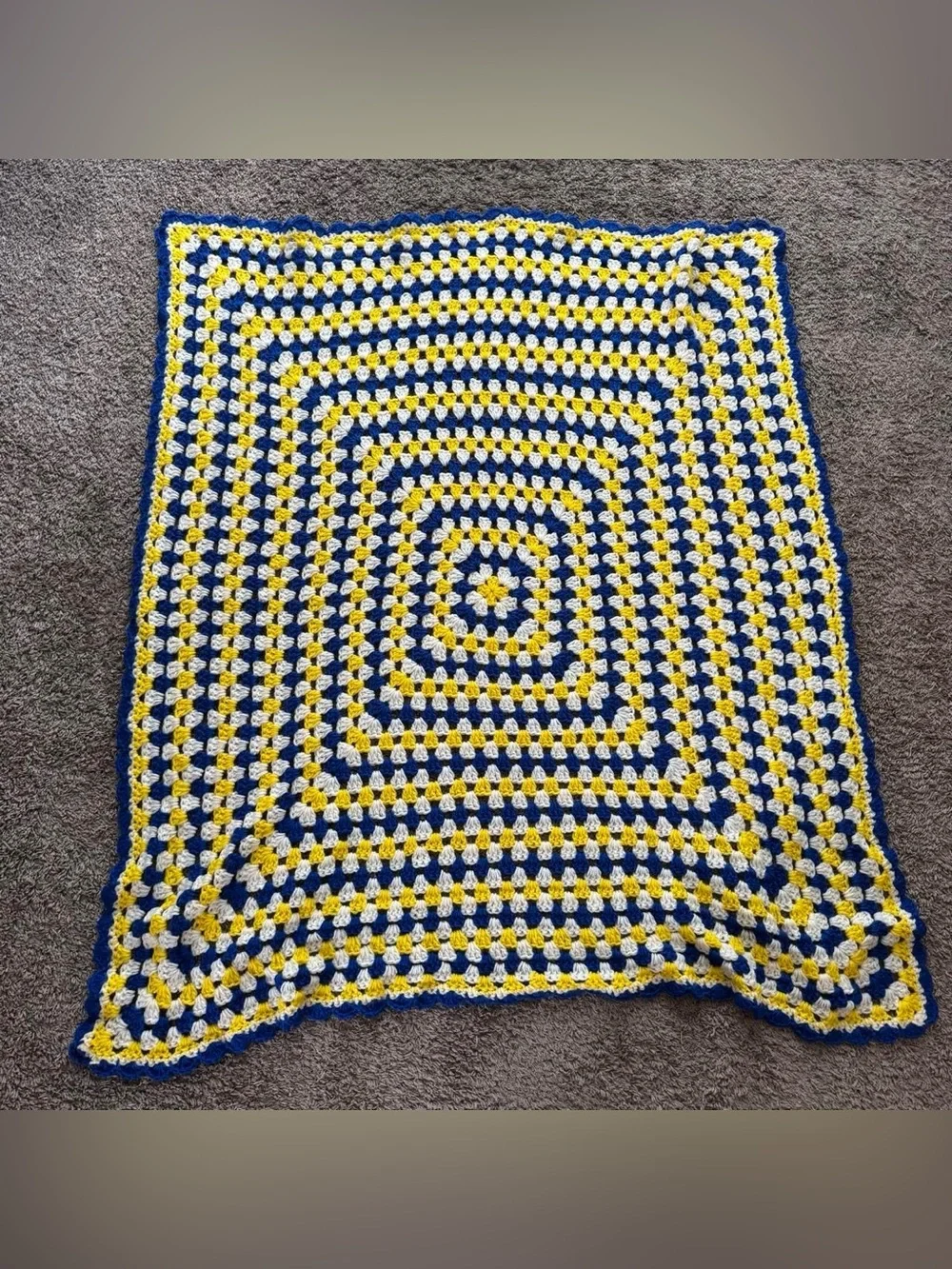 Handmade Crochet Blue Yellow White Afghan Blanket